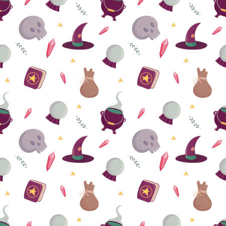 Witch seamless pattern with esoteric tools. Witchcraft supplyのイラスト素材