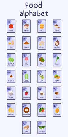 Colorful food alphabet A to Z. Vector illustration template. Food themed cards for teaching with foods, vegetables, fruits, nuts. Collection 2.のイラスト素材