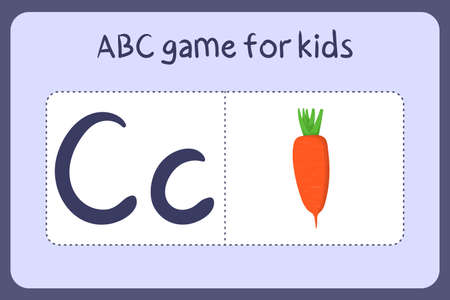 Kid alphabet mini games in cartoon style with letter C - carrot. Vector illustration for game design - cut and play. Learn abc with fruit and vegetable flash cards.のイラスト素材