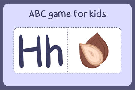 Kid alphabet mini games in cartoon style with letter H - hazelnut. Vector illustration for game design - cut and play. Learn abc with fruit and vegetable flash cards.のイラスト素材