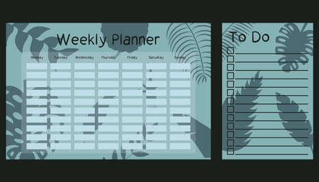 Weekly planner and To do list template with tropical leaf silhouette. Schedule design for kids. Greens background. Monday to sunday week.のイラスト素材