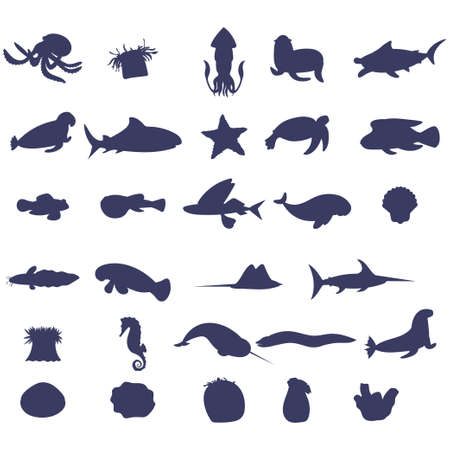 Set of sea animal silhouette on white background. Collection of underwater life design element. Vector marine cartoon drawing. Part 2のイラスト素材