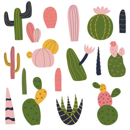 Hand drawn trendy set with bright cactus set. Succulent vector illustration. Mexican national plants. Illustration for children design.のイラスト素材