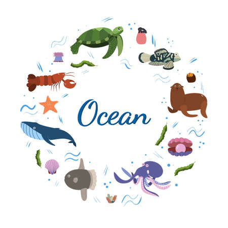 Design template with sea animal in circle for kid print. Round composition of marine animals, turtle and whale, octopus, fur seal. Vector set of underwater life in cartoon style.のイラスト素材