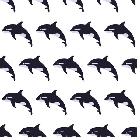 Sea animal seamless pattern with killer whale. Undersea world habitants print. Hand drawn underwater life vector illustration. Funny cartoon marine animals character for kid fabric, textile.のイラスト素材