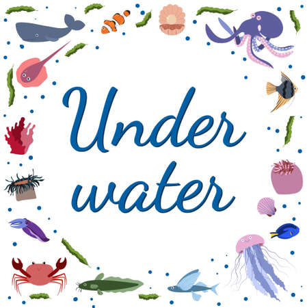 Frame template with cartoon sea animals. Ocean background with circle silhouette. Underwater life. Sperm whale, jellyfish, crab and shell.のイラスト素材