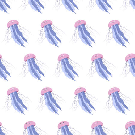 Sea animal seamless pattern with jellyfish. Undersea world habitants print. Hand drawn underwater life vector illustration. Funny cartoon marine animals character for kid fabric, textile.のイラスト素材