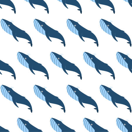 Sea animal seamless pattern with blue whale. Undersea world habitants print. Hand drawn underwater life vector illustration. Funny cartoon marine animals character for kid fabric, textile.のイラスト素材
