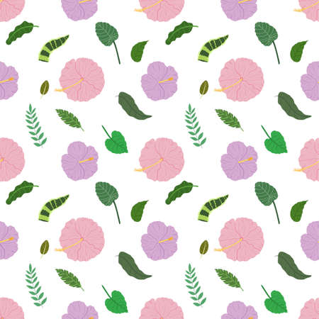 Tropical leaves and flowers seamless pattern. Botanical texture with pink and lilac hibiscus, snake plant and green leaves. Cute baby print for fabric and textile.のイラスト素材