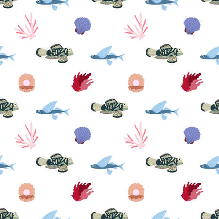 Sea animal seamless pattern with mandarin fish, flying fish, coral and seashell with pearl. Undersea world habitants print. Hand drawn underwater life vector illustration. Funny cartoon marine animalsのイラスト素材