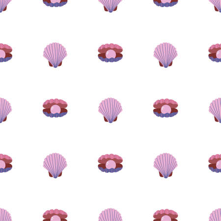 Seashell pink color with pearl seamless pattern. Undersea world habitants print. Hand drawn underwater life vector illustration. Funny cartoon marine animals character for kid fabric, textile.のイラスト素材