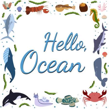 Frame template with cartoon sea animals. Ocean background with square silhouette. Underwater life. Whale, tuna, sea horse and crab, lobsterのイラスト素材