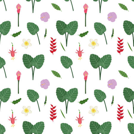 Tropical leaves and flowers seamless pattern. Botanical texture with leaves on stem, red exotic flower, fuchsia and plumeria. Cute baby print for fabric and textile.のイラスト素材