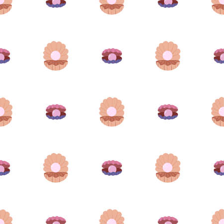 Sea shell with pearls seamless pattern. Undersea world habitants print. Hand drawn underwater life vector illustration. Funny cartoon marine animals character for kid fabric, textile.のイラスト素材