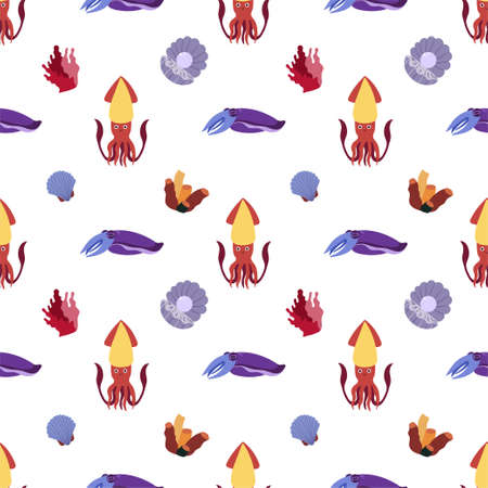 Sea animal seamless pattern with squid and cuttlefish, seashell with pearl and coral. Undersea world habitants print. Hand drawn underwater life vector illustration. Funny cartoon marine animalsのイラスト素材