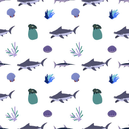 Sea animal seamless pattern with hummerhead shark, coral and sea anemone, seashell. Undersea world habitants print. Hand drawn underwater life vector illustration. Funny cartoon marine animalsのイラスト素材