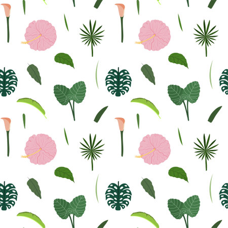 Tropical leaves and flowers seamless pattern. Botanical texture with pink hibiscus, calla lily,...
