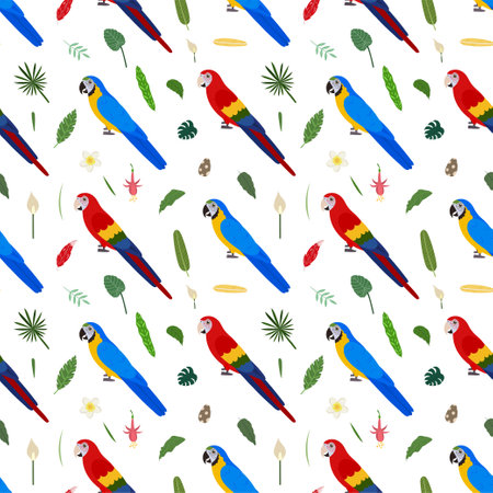 Seamless pattern with macaw parrots red and blue, tropical leaves and flowers. Cute baby print for...