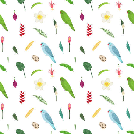 Seamless pattern with rose ringed parrots, tropical leaves, flowers and egg. Cute baby print for fabric and textile.のイラスト素材