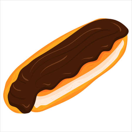 Cartoon illustration with eclair in chocolate glaze . Vector hand drawn graphic. Single food isolated art.のイラスト素材