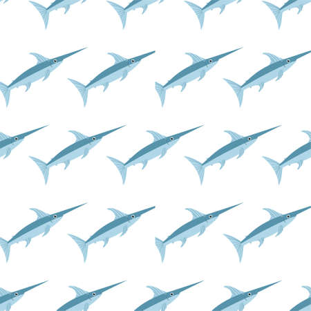Sea animal seamless pattern with swordfish. Undersea world habitants print. Hand drawn underwater life vector illustration. Funny cartoon marine animals character for kid fabric, textile.のイラスト素材