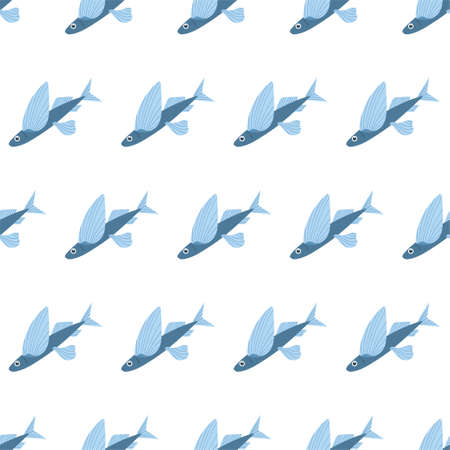 Sea animal seamless pattern with flying fish. Undersea world habitants print. Hand drawn underwater life vector illustration. Funny cartoon marine animals character for kid fabric, textile.のイラスト素材