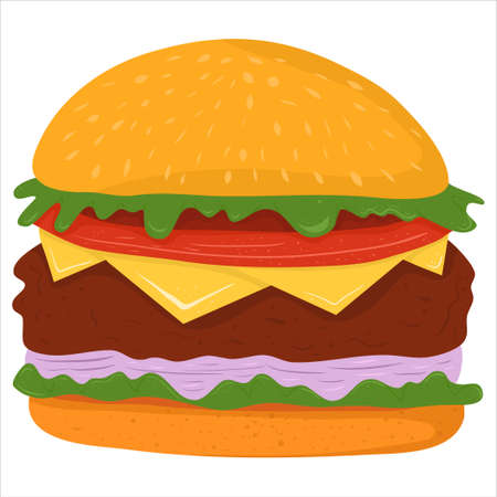 Cartoon illustration with fast food burger. Vector hand drawn graphic. Single food isolated art.のイラスト素材