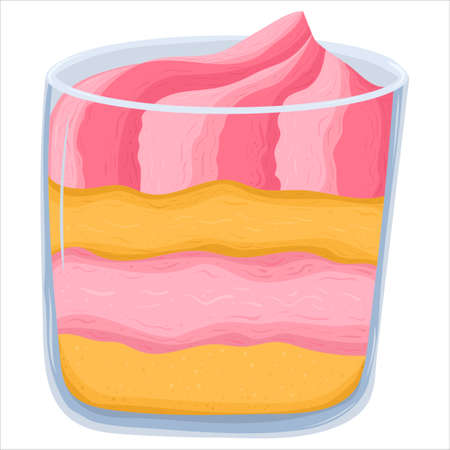 Cartoon illustration with pink dessert in glass. Vector hand drawn graphic. Single food isolated...