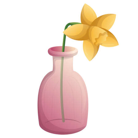 Yellow daffodil flower in pink glass bottle. Decoration in rustic style. Elements of wedding decorations. Hand drawn vector isolated illustration.のイラスト素材
