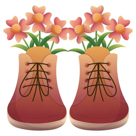 Boots with spring bouquet of flowers with leaves. Vector hand drawn isolated illustrations. Flat cartoon style.のイラスト素材