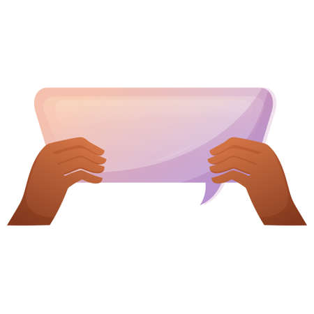 Two hands hold speech bubble for concept design. Cartoon vector isolated illustration. Message balloon with empty copy space.のイラスト素材