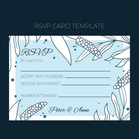 Floral wedding RSVP template in hand drawn doodle style, invitation card design with line flowers and leaves, dots. Vector decorative frame on white and blue background.のイラスト素材
