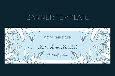 Floral wedding horizontal banner template in hand drawn doodle style, Save the date invitation card design with line flowers and leaves, dots. Vector decorative frame on white and blue background.のイラスト素材