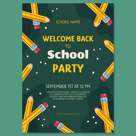 Back to school party poster template with classic yellow pencil with eraser on it. The pencils are arranged in a circle against a green school chalkboard.のイラスト素材