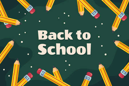 Back to school background with classic yellow pencil with eraser on it. The pencils are arranged in a circle against a green school chalkboard. Vector illustration design with copy space.のイラスト素材