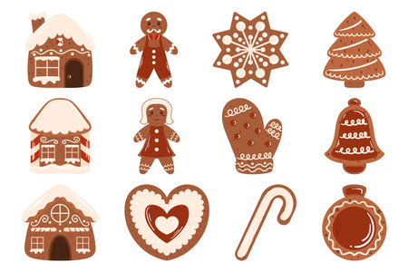 Gingerbread cookies collection. Winter traditional decorated set of sweets in shape house and star, Christmas tree and bell, gingerbread man and woman, heart, ball and mitten.のイラスト素材