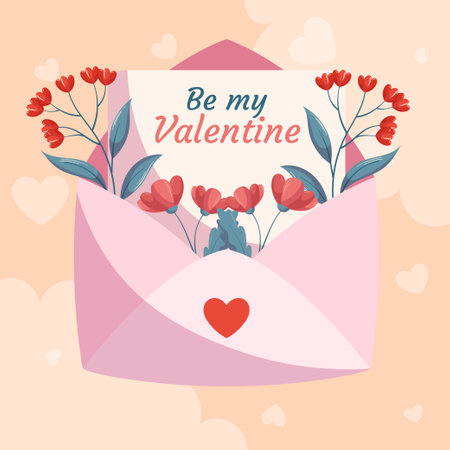 St. Valentines Day square template design with pink open envelop, letter Love You and red flowers green leaves beige backdrop. Concept for social media with decorative clouds and hearts on the back.のイラスト素材