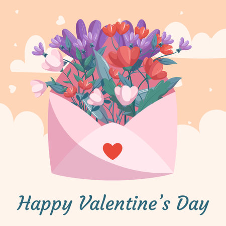 St. Valentines Day illustration design with pink open envelop red flowers with green leaves on beige backdrop. Concept with decorative clouds and hearts on the back. Greeting cardのイラスト素材