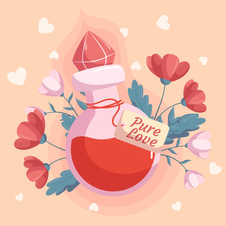 St. Valentines Day design with Love potion bottle concept illustration with red and pink flowers behind it on beige backdrop. Greeting cardのイラスト素材