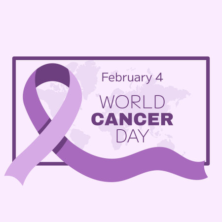 World Cancer Awareness Day February 4th. Lilac or purple ribbon symbol of cancer with world map on back. Stop cancer campaign Health care square template for social media or websiteのイラスト素材