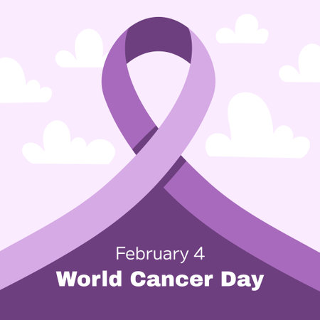 World Cancer Awareness Day February 4th. Lilac or purple ribbon symbol of cancer with white clouds. Stop cancer campaign Health care square template for social media or websiteのイラスト素材