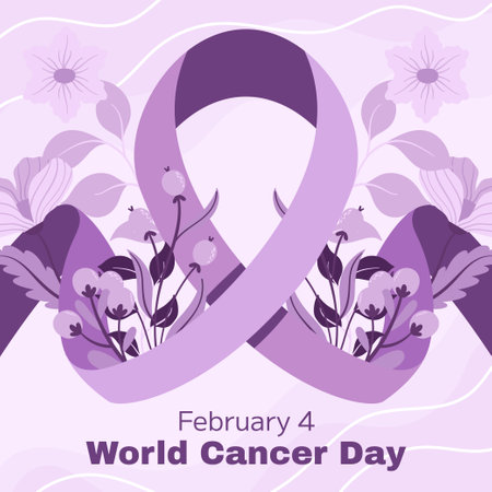 World Cancer Awareness Day February 4th. Lilac or purple ribbon symbol of cancer with floral elements. Stop cancer campaign Health care square template for social media or websiteのイラスト素材