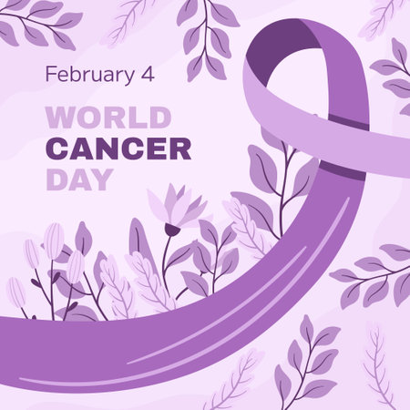 World Cancer Awareness Day February 4th. Lilac or purple ribbon symbol of cancer with flower and leaves. Stop cancer campaign Health care square template for social media or websiteのイラスト素材