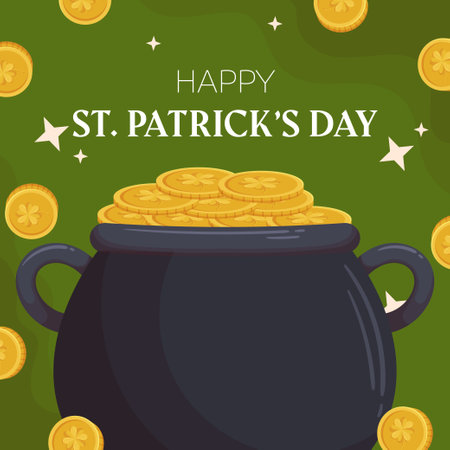 St.Patricks Day holiday square template design with leprechaun cauldron and golden coins with shamrock. Concept for square social media post with gold on the back.のイラスト素材