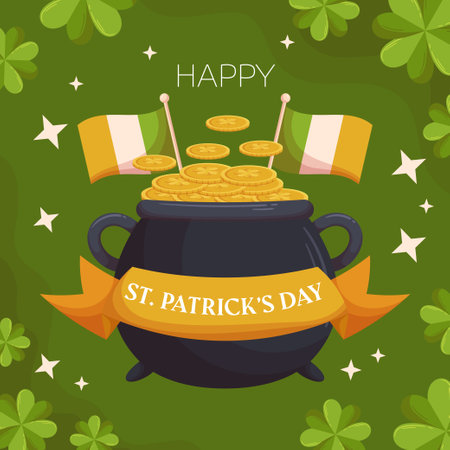 St.Patricks Day holiday square template design with leprechaun pot ang gold coins, irish flags and ribbon. Concept for square social media post.のイラスト素材