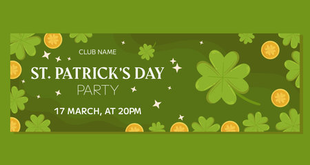 St.Patricks Day holiday horizontal party banner template design. Green four-leaf clover or shamrock and gold coins. Event invitation for club and pubのイラスト素材