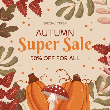 Autumn Super Sale square template design with copy space. Concept for square social media post frame with different leaves branches, pumpkins and mushroom fly agaric.のイラスト素材
