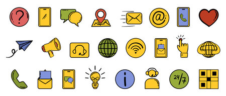 Contact us icon collection in hand drawn doodle line and color style. Vector set with customer support symbols - chat, email, phone and others.のイラスト素材