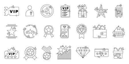 Exclusive benefits icon collection. VIP ticket, diamond and crown, premium quality, coin token icons set.のイラスト素材