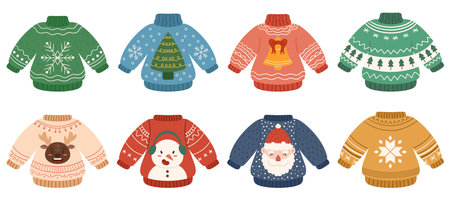 Ugly sweater party. Merry Christmas collection with funny sweaters. Big set with hand drawn falt holidays pullover - reindeer, snowman and Santa Claus, Christmas Tree, knitted pattern.のイラスト素材